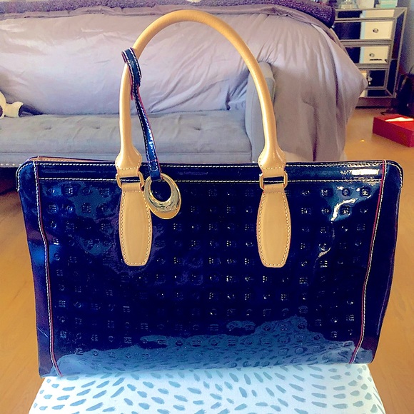 Arcadia Handbags - ARCADIA PATENT SHINE BRILLIANT NAVY BLUE "GINA" TOP HANDLES BAG